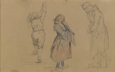 Tre holländska figurer, ca 1852 (grafit, wc och vit krita på brunt papper)