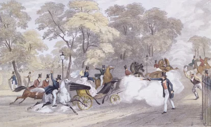 Edward Oxfords försök att mörda drottning Victoria och prins Albert på Constitution Hill, på kvällen onsdagen den 10 juni, graverad av J. R. Jobbins