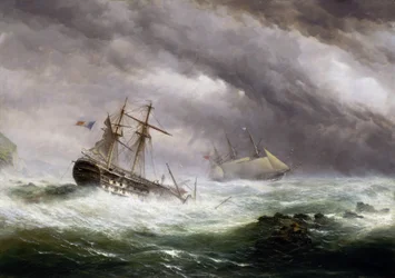 HMS "Endymion" räddar ett franskt fartyg som hamnat i stormen 1803. Olja på duk, ca 1850-1855, av Ebenezer Colls (1812-1887).