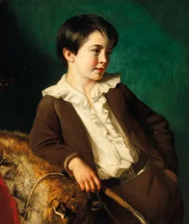 Porträtt av mästare John Lethbridge från Tregeare Manor, Launceston, Devon, trekvartslångt, i brun kostym som håller en piska, lutad mot ett djurskinn
