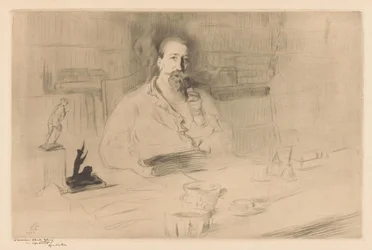 Porträtt av Anatole France bakom hans skrivbord