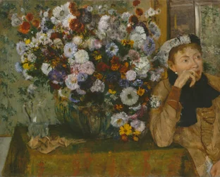 En kvinna som sitter bredvid en vas med blommor Madame Paul Valpinçon, 1865.