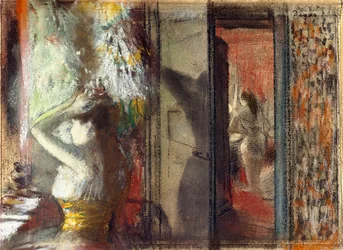 Skådespelerskors omklädningsrum, ca 1885 (pastell över etsning på papper)