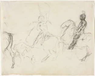 Stridsscen med pansarfigurer på hästryggen recto två sittande kvinnor ago, 1856-1860.