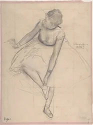 Dancer Adjusting Her Slipper, 1873 (grafit, förstärkt med svart och vit krita på rosa papper)
