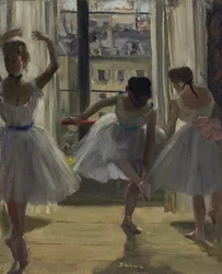 Dansöser i en övningssal, tre dansöser, 1873