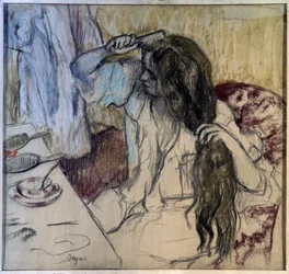 Kvinnan har sin toalett. Teckning av Edgar Degas (1834-1917)