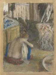 Naken hukande kvinna, sedd bakifrån, ca 1876