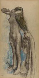 Kvinna som gör hår, ca 1887-90 (kol och penna på papper)