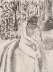 Flickan tar på sig strumpor, 1876-77.