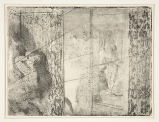 Loges d’Actrices (skådespelerskors omklädningsrum), ca 1875 (etsning och akvatint)