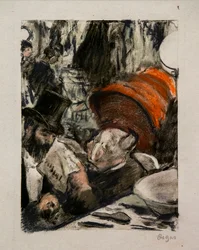 Ludovic Halevy hör historien om Madame Cardinal i ett omklädningsrum. Omkring 1876-1877. Pastell på monotypi med svart bläck, första provet.