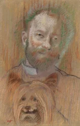 Ludovic Lepic håller sin hund, 1889.
