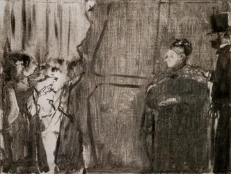 Möt Ludivic Halevy och Madame Cardinal bakom kulisserna. Omkring 1876-1877. Monotyp har svart bläck.