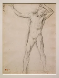 Naket ansikte, höjda armar, cirka 1859-1861. Grafit på velinpapper.