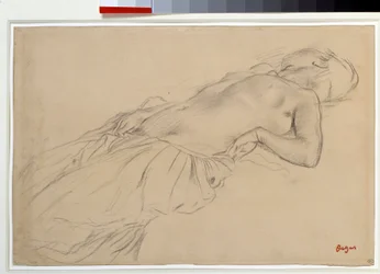 Naken kvinna liggande på rygg, studie till ”Scène de guerre au Moyen Âge”. Svart blyertsteckning av Edgar Degas (1834-1917). Mått: 0,22 x 0,35 m. Paris, Louvren