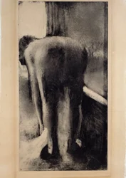 Naken kvinna sveper sina fötter nära sitt badkar Monotypi i svart bläck av Edgar Degas (1834-1917) 1879-1883 Sön. 0,45 x 0,23 m Paris. Louvren