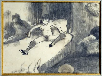 Vila på sängen. En prostituerad vilar på sin säng på en bordell. Målning av Edgar Degas