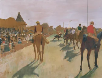 Paraden, eller kapplöpningshästarna framför läktaren, ca 1866-68 (olja på papper)