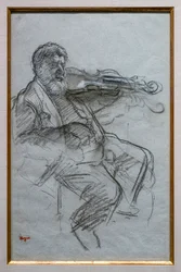 Violinisten. 1879. Kol och vita krita höjdpunkter på blågrått papper. Boston, Museum of Fine Arts, William Francis Warden Fund.
