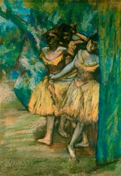 Tre dansare med en bakgrund av träd och stenar, 1904-06