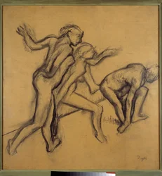 Tre nakna dansöser. Teckning med krita och kol av Edgar Degas (1834-1917), omkring 1900. Mått: 0,89 x 0,88 m, Paris, Louvren