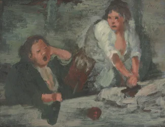 Tvätta kvinnor (olja på panel)