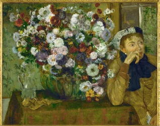 Kvinna lutar sig mot en vas med blommor (olja på duk)