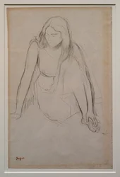 Kvinna som sitter vid vattenbrynet. Omkring 1867-1868. Svart penna på velinpapper.