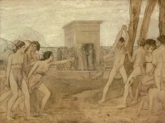 Unga spartanska flickor utmanar pojkar, ca. 1860.