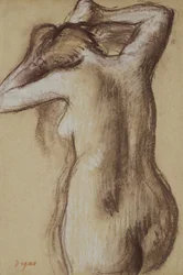 Ung naken kvinna som kammar sitt hår, ca 1889-90 (pastell på papper)