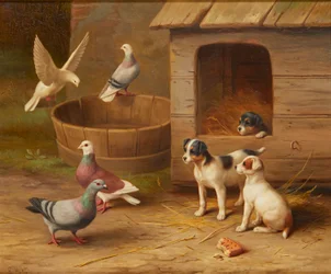 Puppies and Pigeons (olja på duk)