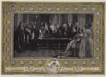 Hennes Majestät Drottningen ger kejsar Napoleon III med Strumpebandsorden vid Windsor Castle, april 1855