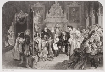 James II (1633-1701) tar emot nyheter om prinsen av Oranges landstigning, graverad av F.A. Heath