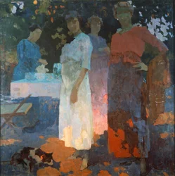 Frukost i trädgården, av Edgardo Curcio (1881-1923), olja på duk, 82x82 cm. Italien, 1900-talet.