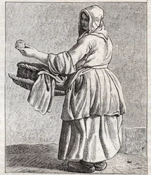 Handlaren med bakade äpplen - Pepetit metier de Paris (Studier tagna i det lägre folket eller Paris kris) - gravyr av Edme Bouchardon (1698-1762)