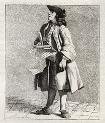 Screamer of the number winners (Loto) - Petity metier de Paris (Studier tagna i det lägre folket, eller Cris of Paris) - gravyr av Edme Bouchardon (1698-1762)