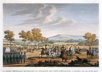 "Kejsargardet manövrerar i närvaro av de två kejsarna i Tilsit, 28 juni 1807".