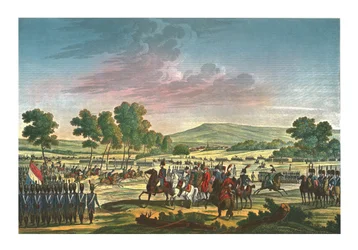 Det kejserliga gardet manövrerar i närvaro av de två kejsarna i Tilsit, 28 juni 1807, c1850