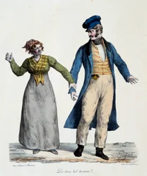 Prostitution: "" Say so handsome man"" - Populära scener av Edme Jean Pigal (1798-1872), litografi 1824 - Musee Dobree, Nantes