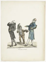 Mannen och hans tjänare går högmodigt förbi en tiggande pojke Tel maître, tel valet (titel på objekt)