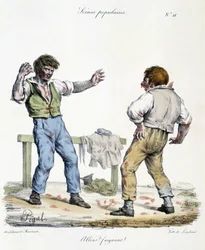 Populär scen föreställande två stridande män. Karikatyr av Pigal (1800-talet).