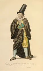Kostym för rollen som Scanarelle, ca 1868 (gravyr)
