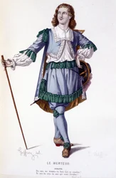 Karaktären Dorante i komedin Le Menteur - Full Theatre: (Samling av pjäser av Corneille) teckning av Geffroy, gravyr av L. Wolff - ed. Laplace, Sanchez och Co., Paris 1884