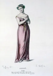 Karaktären av Psyche i tragikomedin och balett Psyche, Moliere et Corneille - Hela teatern: (Samling av pjäser av Corneille) teckning av Geffroy, gravyr av L. Wolff - ed. Laplace, Sanchez et Cie, Paris 1884
