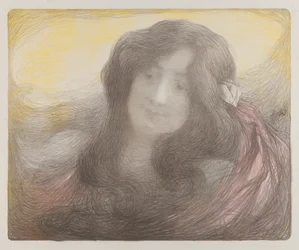 Flicka med långt hår , ca 1898 (färglitografi)
