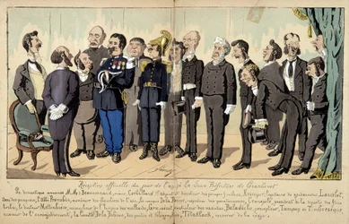Tecknad film om det franska samhället av Lavrate: de olika figurerna från statsförvaltningen, administrativa tjänster... vid en officiell mottagning. 1880