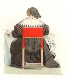 Fransk kvinna 1600-talet, från en gravyr av Abraham Bosse (1602-1676) - Litografi från en illustration av Edmond Lechevallier-Chevignard (1825-1902), från "Costumes historiques des 16th"