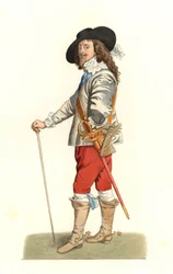 Kung Charles I av England (1600-1649), baserat på ett porträtt från 1635 av Antonie Van Dyck (1599-1641) - Litografi av en illustration av Edmond Lechevallier-Chevignard (1825-1902), från "Costumes historiques des 16e"