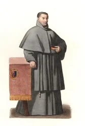 Pedro de Urbina de Montoya, arkevek i Sevilla (Spanien) från 1658 till 1663, baserat på ett målat porträtt av Bartolome Murillo (1618-1682) - Litografi från en illustration av Edmond Lechevallier-Chevignard (1825-1902), från "Historical Costumes", från av 
